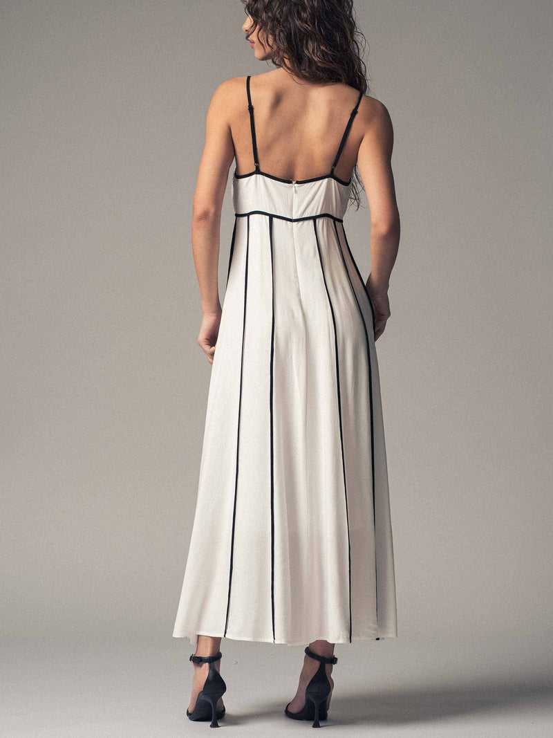 Striped White Maxi Dress with Contrast Piping in White/Black