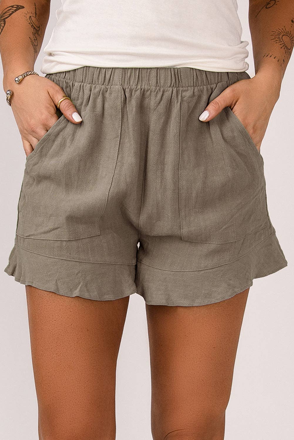 Plus Size High Waist Pocketed Ruffle Shorts in Khaki