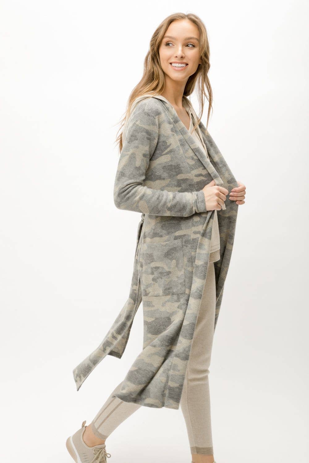 Tie-Waist Long Cardigan in Grey Camo