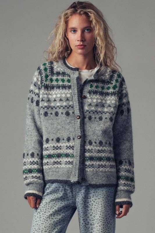 ** Nordic Pattern Button-Up Knit Cardigan: GREY / S/M-3:M/L-3