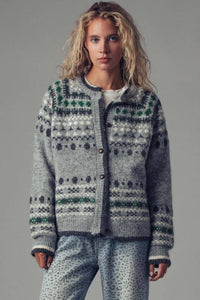 ** Nordic Pattern Button-Up Knit Cardigan: GREY / S/M-3:M/L-3