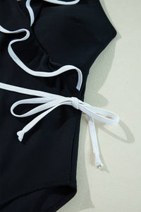 Black and White Ruffle Wrap Swimsuit