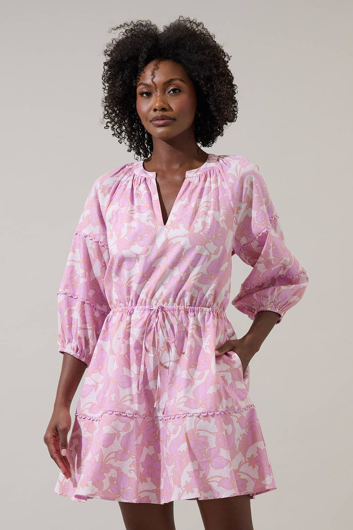 Daney Floral Dabria Split Neck Mini Dress: PINK-CREAM