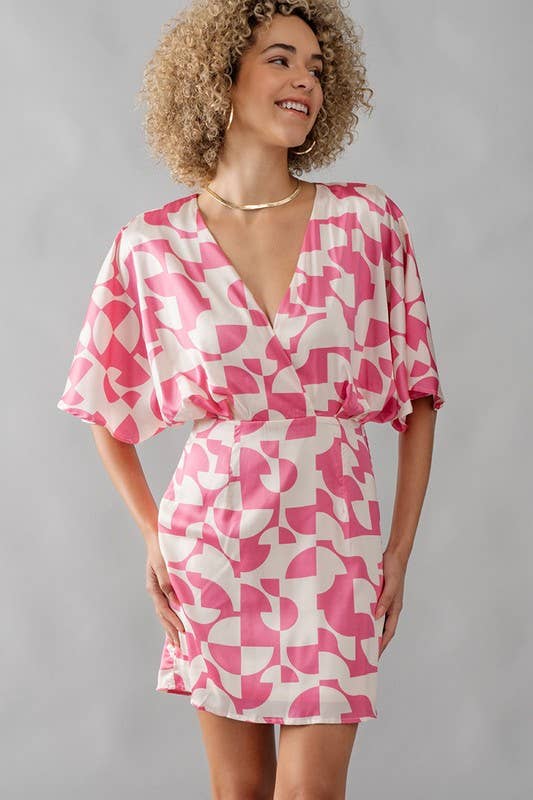Pink Batwing Sleeve Geo Print Mini Dress