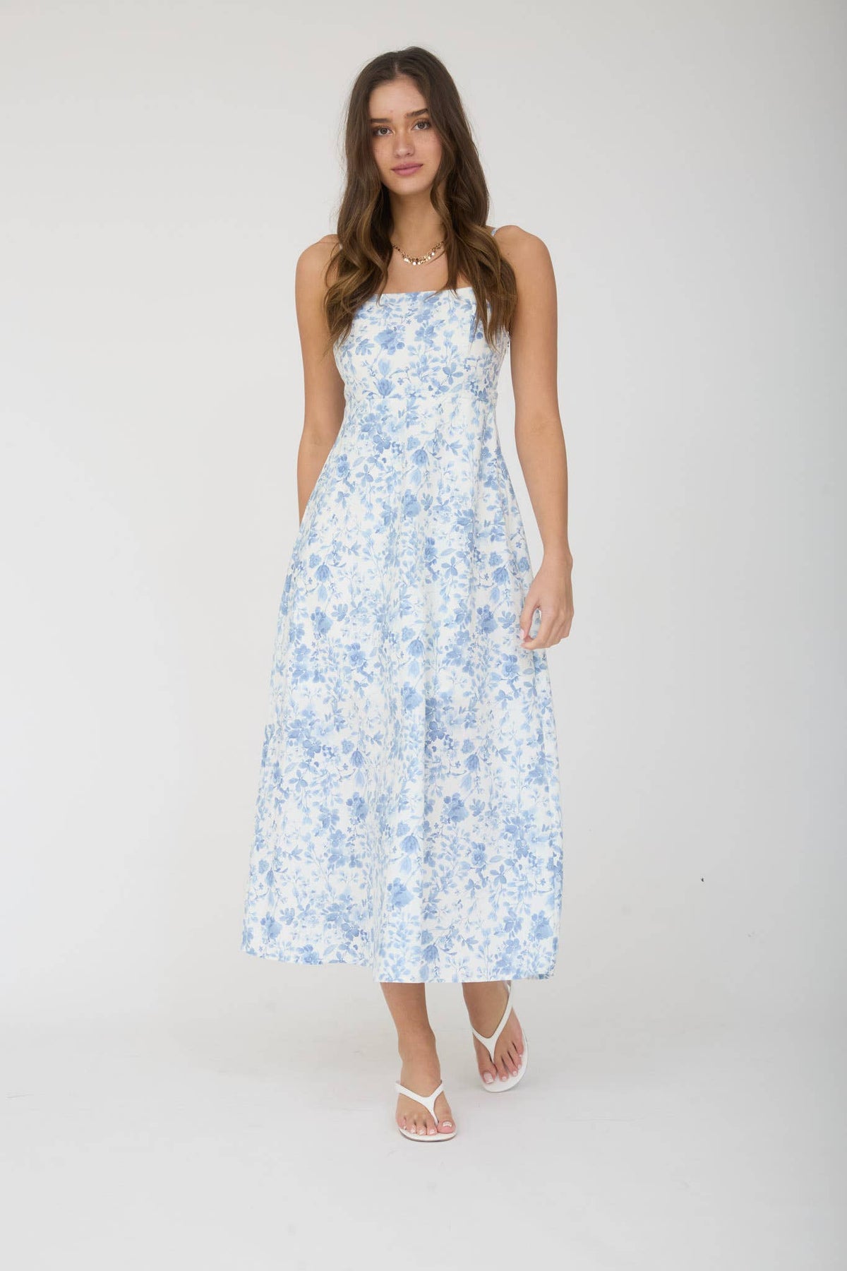 WATERCOLOR FLORAL SPAGHETTI STRAP MIDI DRESS