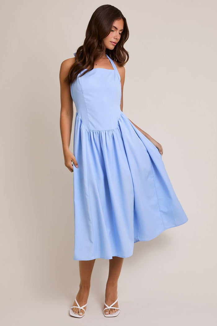 Halter Neck Midi Dress in Light Blue Stripe