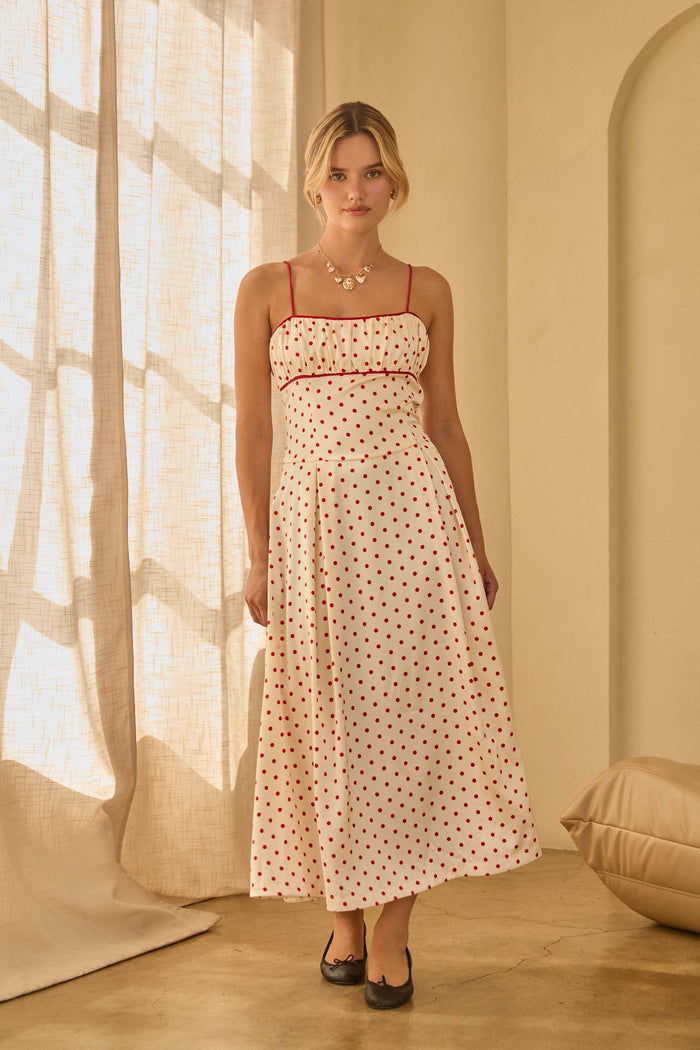 Sleeveless Polka Dot Midi Dress with Contrast Piping