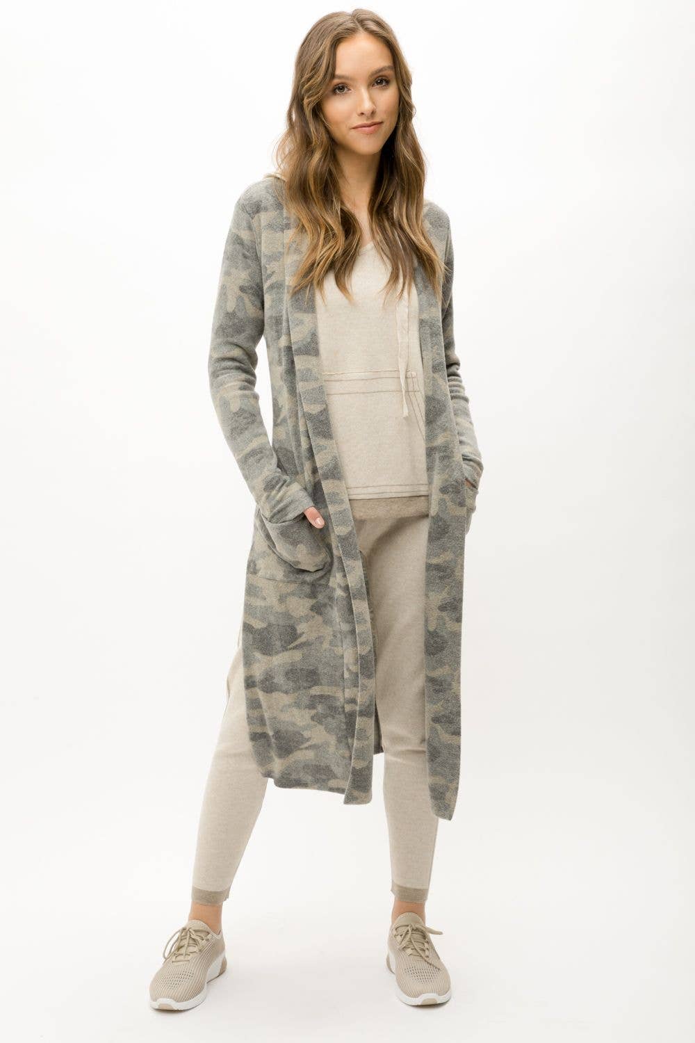 Tie-Waist Long Cardigan in Grey Camo