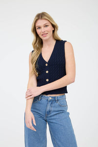 V NECK BUTTON DOWN CABLE KNIT SWEATER VEST: NAVY
