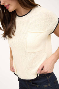 Contrast Trim Short Sleeve Pocket Detail Sweater in Black