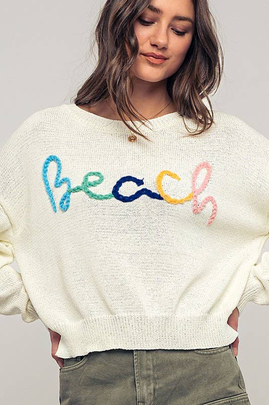 Beach Embroidered Crochet Knit Sweater in Ivory