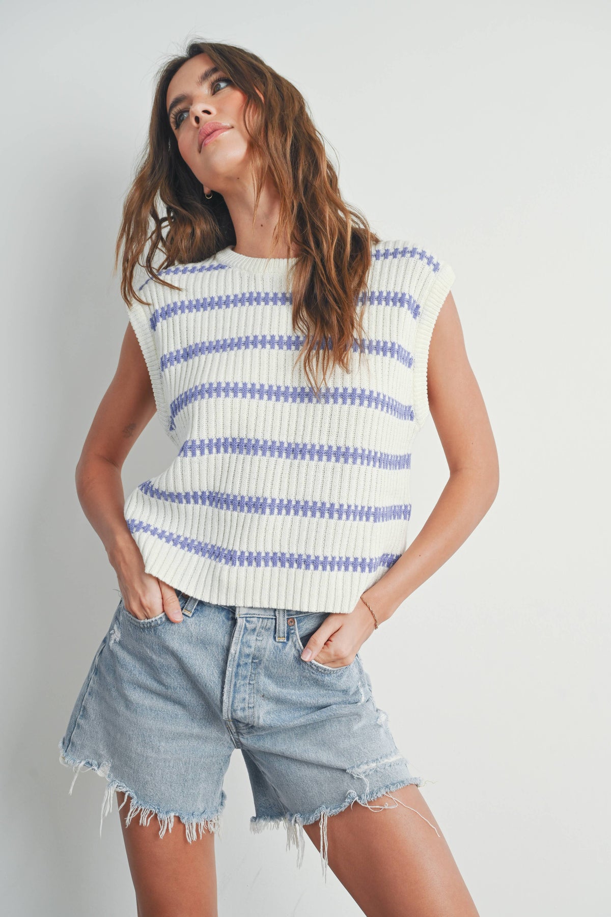 Crew Neck Striped Knit Tank Top in Ivory and Green
