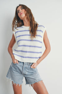 Crew Neck Striped Knit Tank Top in Ivory and Green