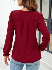 Long Sleeved Striped Chiffon V-Neck Top in Red