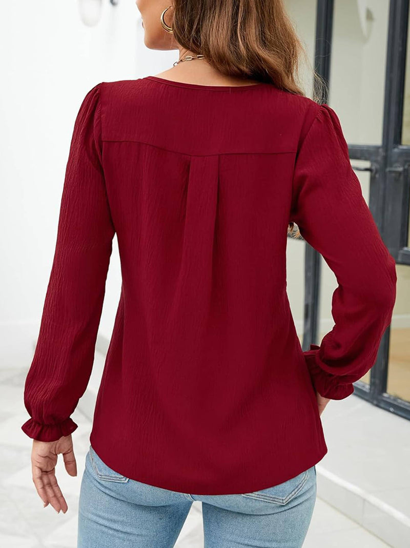 Long Sleeved Striped Chiffon V-Neck Top in Red