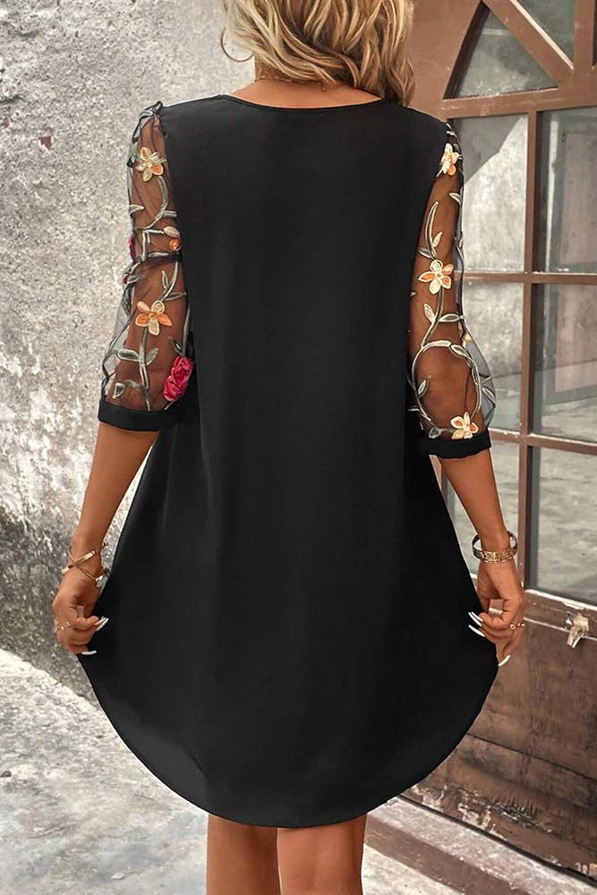 See Through Mesh Floral Sleeves Midi Dress