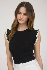Ruffle Sleeve Sweater Knit Top in Black with Ruffle