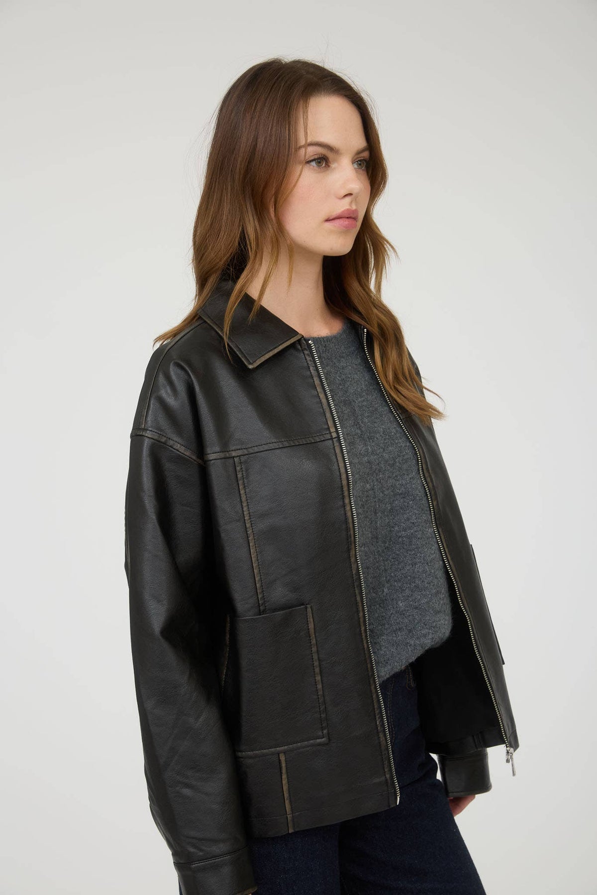 Washed Faux Leather Collared Zip Up Jacket in Black