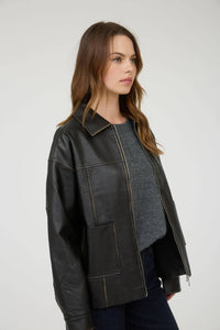 Washed Faux Leather Collared Zip Up Jacket in Black