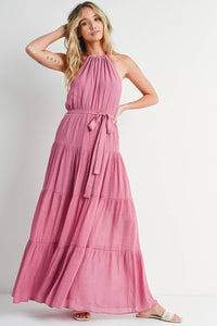Tiered Halter Tie-Waist Maxi Dress in Rose