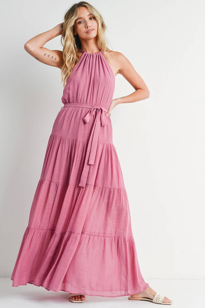 Tiered Halter Tie-Waist Maxi Dress in Rose