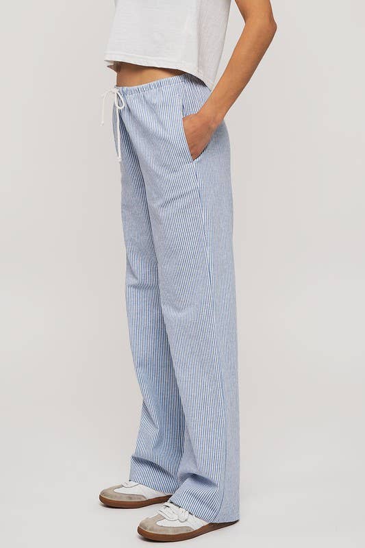 Blue Pinstripe Drawstring Wide Leg Lounge Pants in Blue