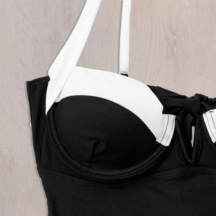 Classic black white contrast tankini one piece swimsuit
