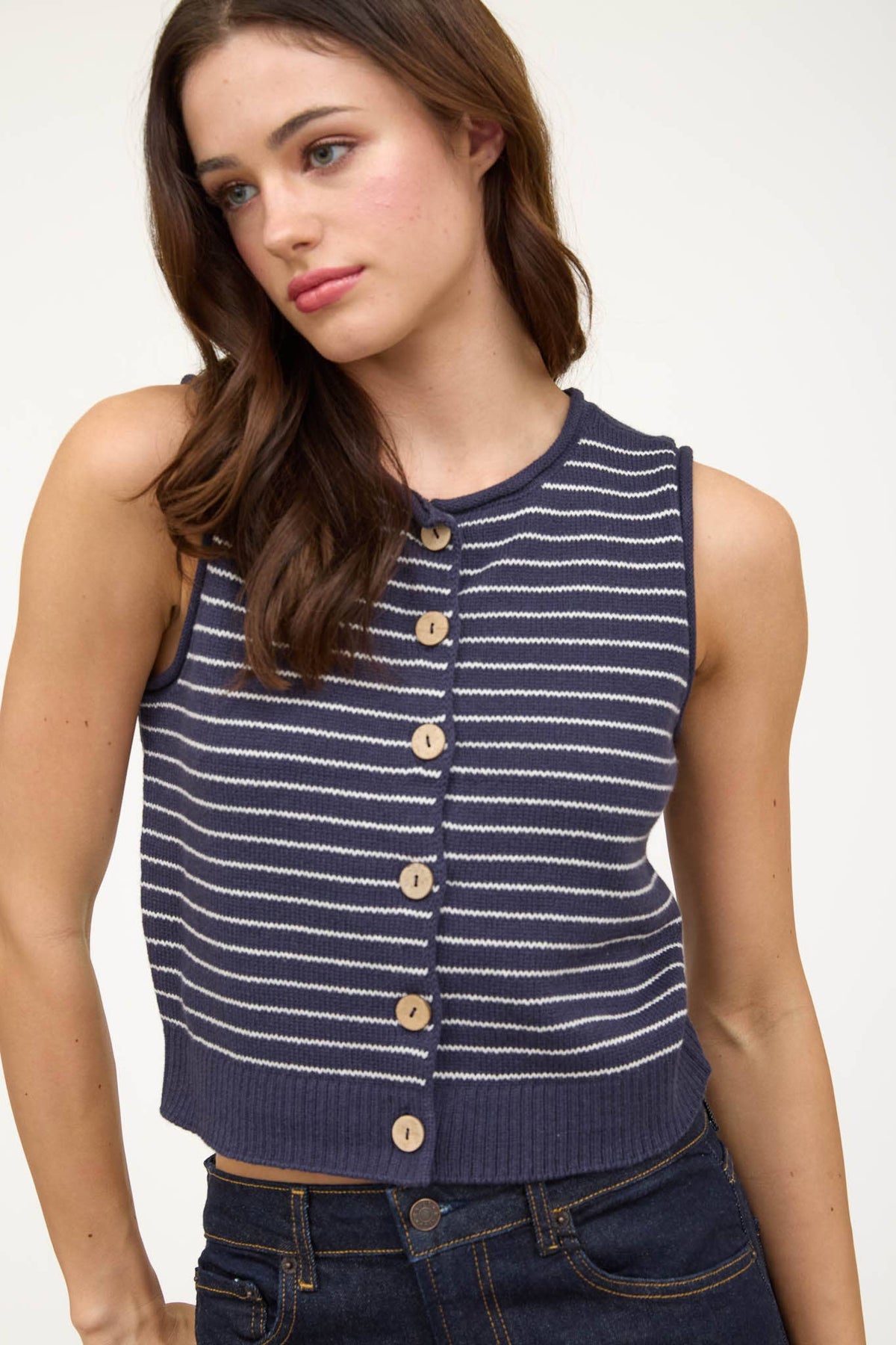 Striped Raw Edge Button-Down Cardigan Vest in Navy