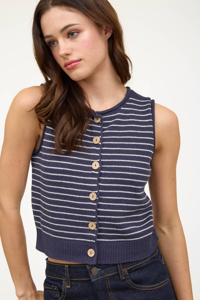 Striped Raw Edge Button-Down Cardigan Vest in Navy