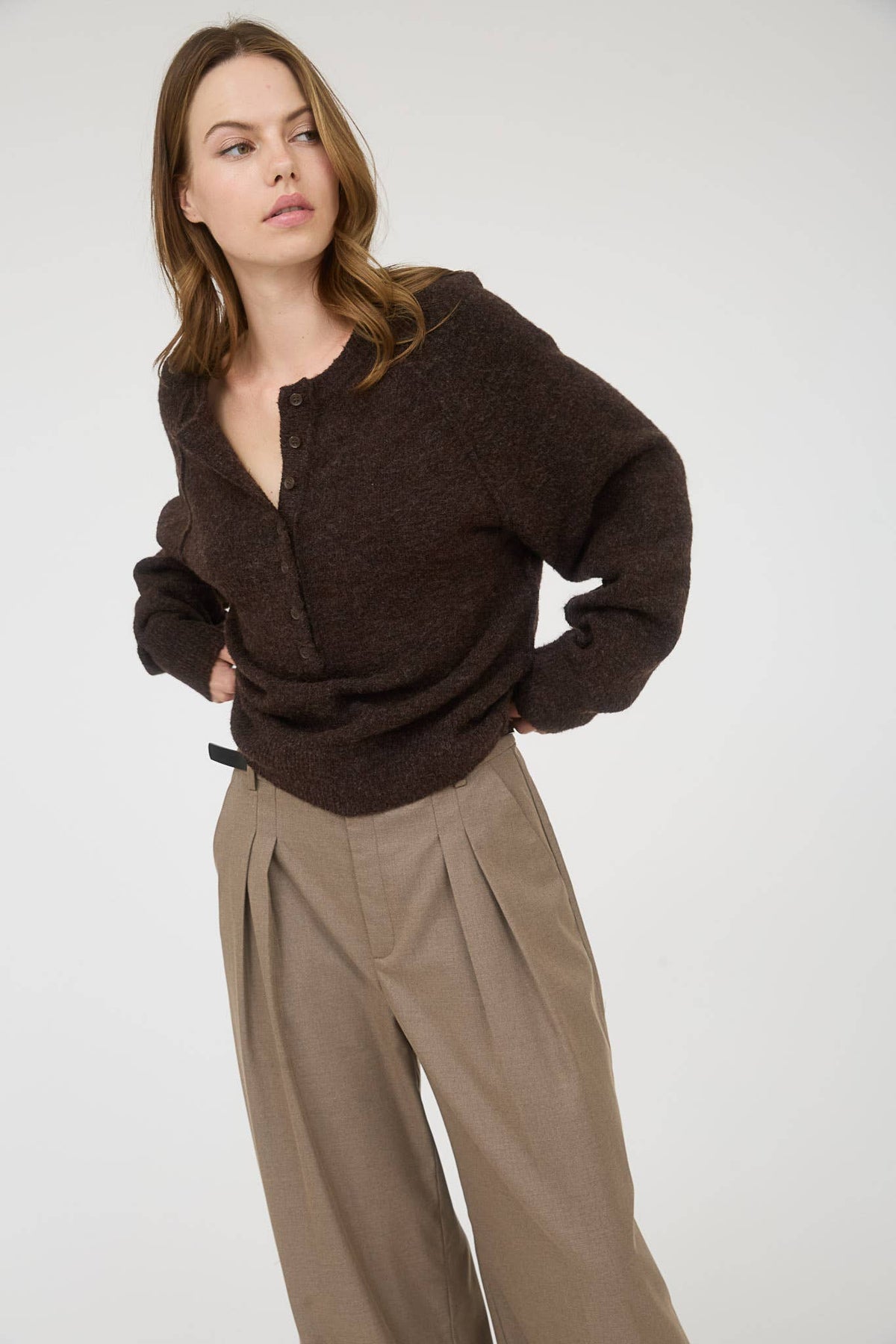 Lightweight Henley Knit Sweater in Brown