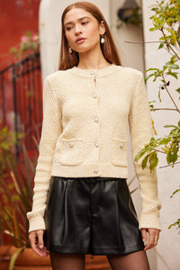 SWEATER KNIT CARDIGAN WITH PEARL BUTTONS: BUTTER-BEIGE