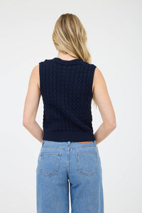 V NECK BUTTON DOWN CABLE KNIT SWEATER VEST: NAVY