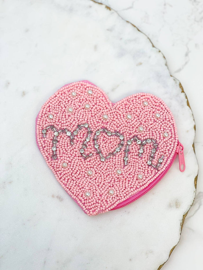Mom Beaded Coin Purse in Pink