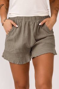 Plus Size High Waist Pocketed Ruffle Shorts in Khaki