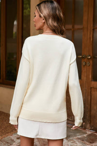 Boo Knitted Pattern Ribbed Edge Drop Shoulder Sweater: Apricot / L