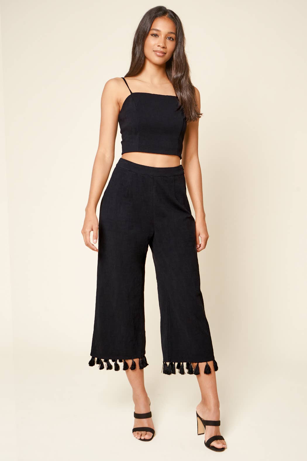 Stay Extra Tassel Trim Wide Leg Black Pants