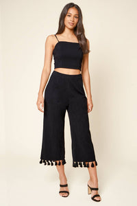 Stay Extra Tassel Trim Wide Leg Black Pants