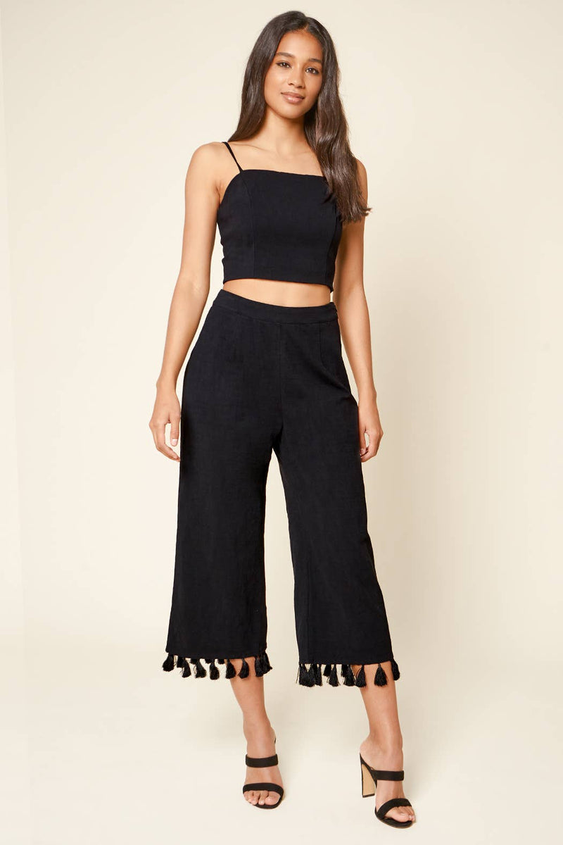 Stay Extra Tassel Trim Wide Leg Black Pants