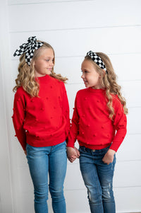 Kids Red Pom Pom Crewneck Sweater