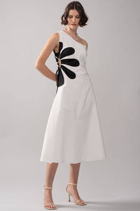 Floral Applique One Shoulder Midi Dress in White