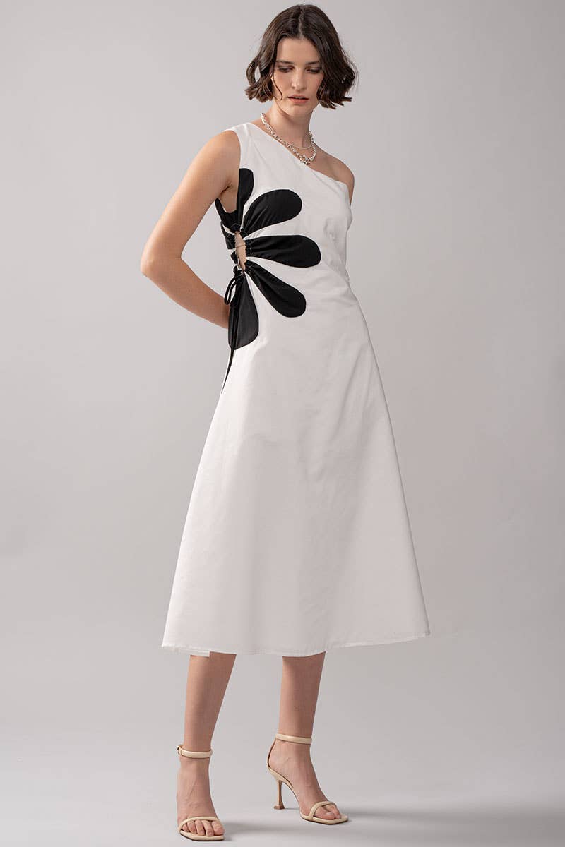 Floral Applique One Shoulder Midi Dress in White