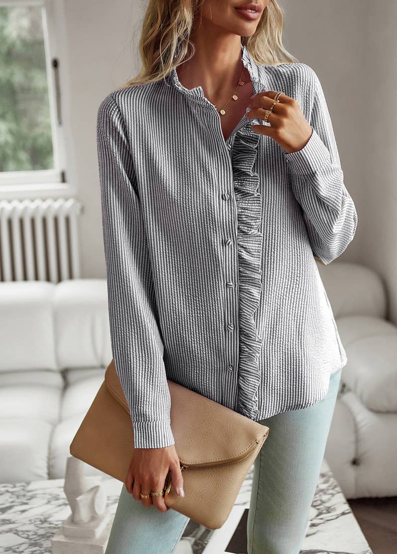 Pinstripe Ruffle Button Down in Black/White