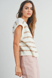 Crew Neck Striped Knit Tank Top in Ivory and Green