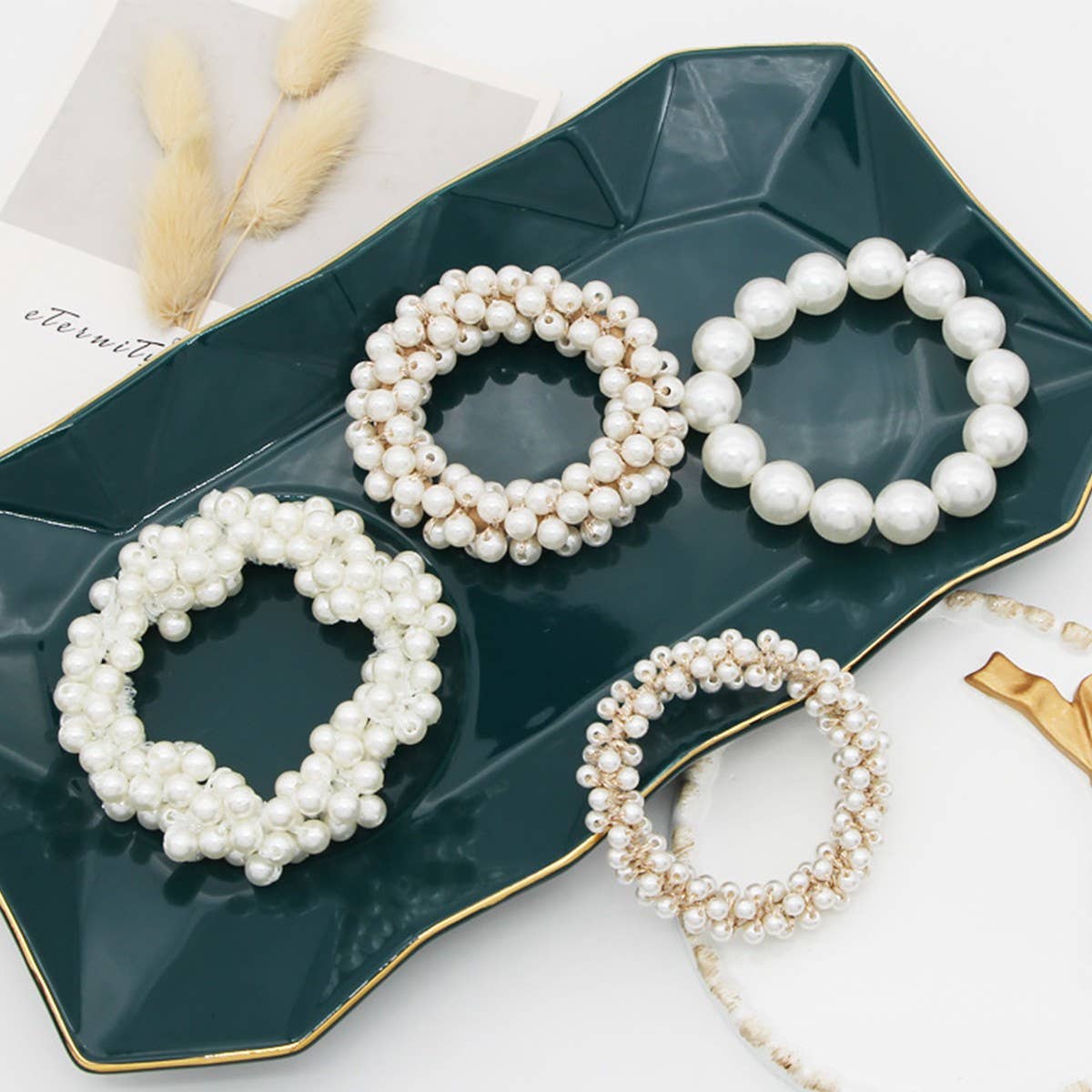 Beaded Faux Pearl Hair Tie Bracelet for Women