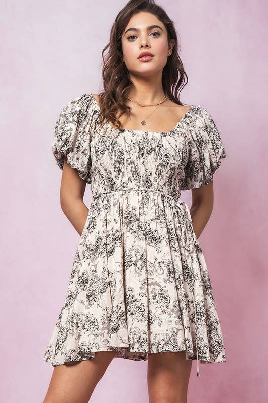 Floral Pleated Mini Dress in Black