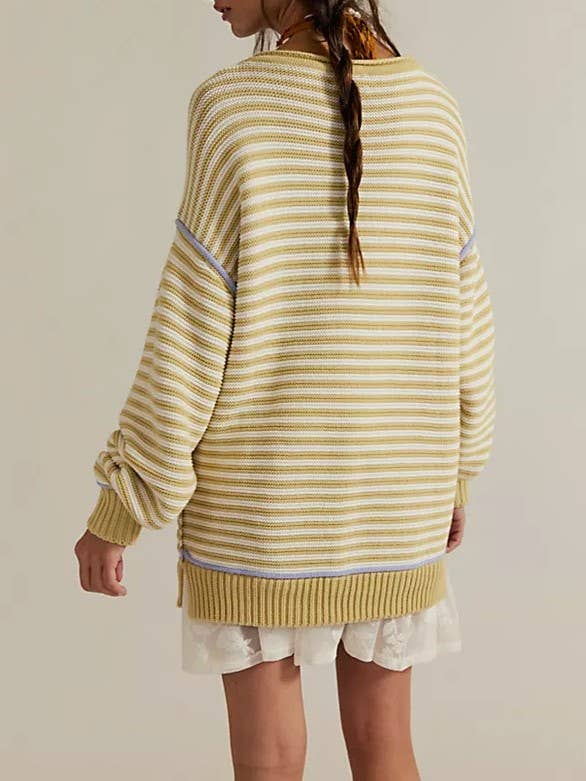 * Drop Shoulder Oversized Knit Sweater Pullover in Beige Stripe