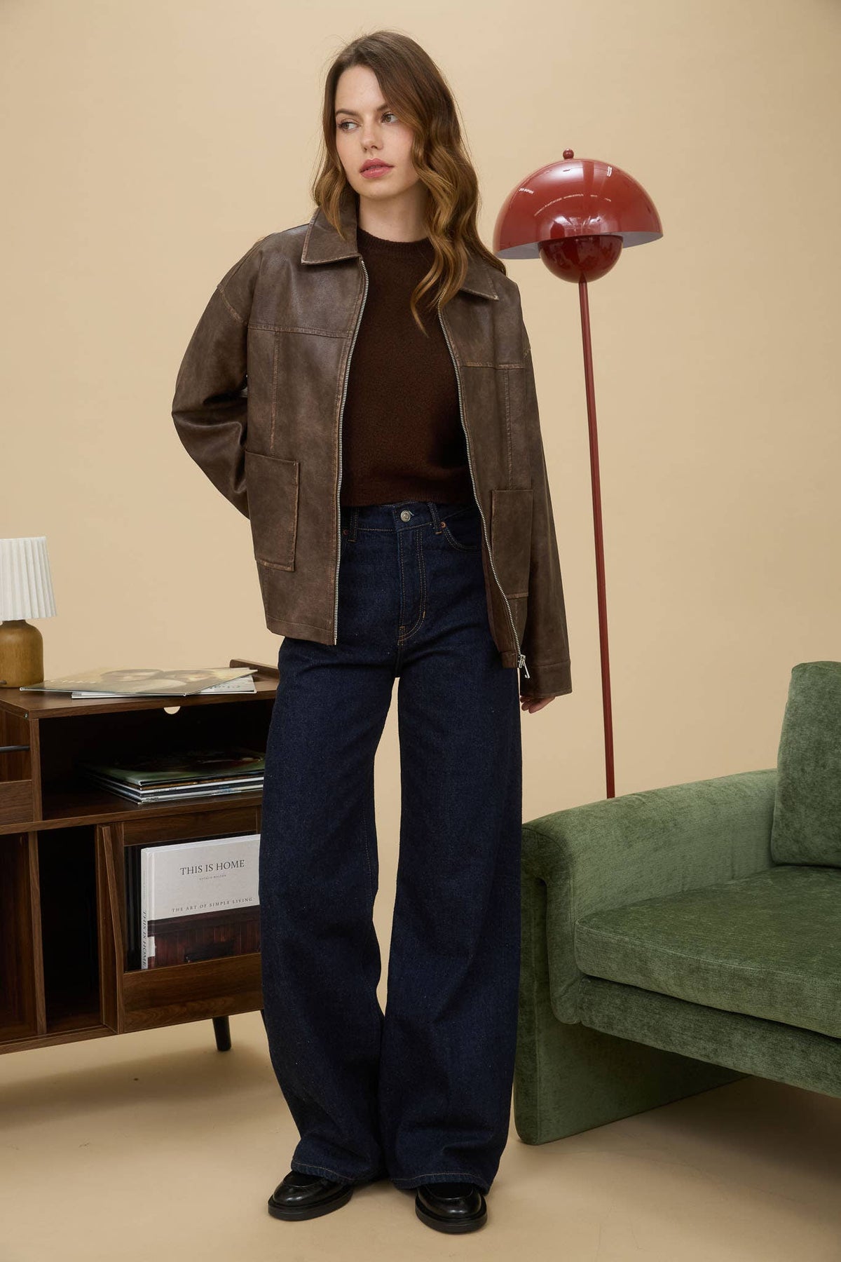 Washed Faux Leather Collared Zip Up Jacket in Black