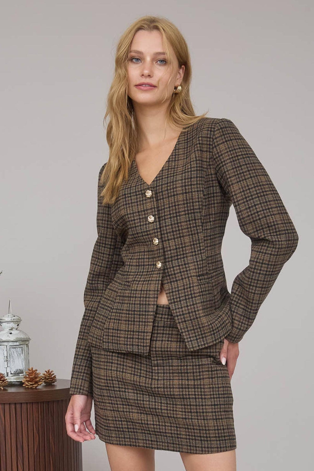 Plaid Tweed Button Down Blazer