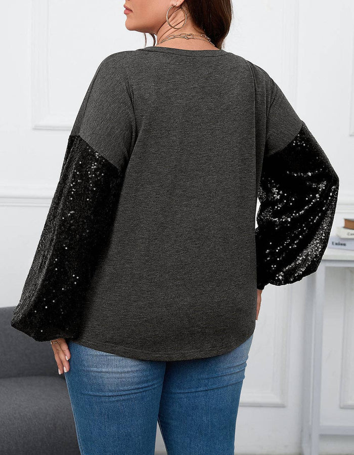 Plus Size Sequin Bubble Sleeve V Neck Knit Top