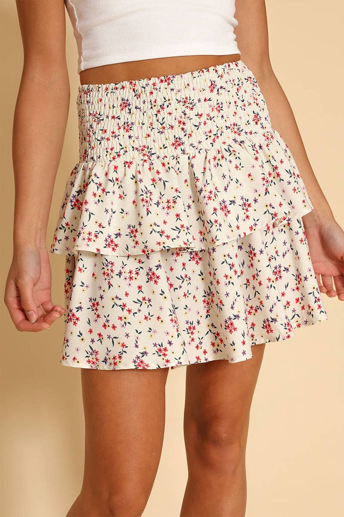 Floral Ruffle Mini Skirt in White